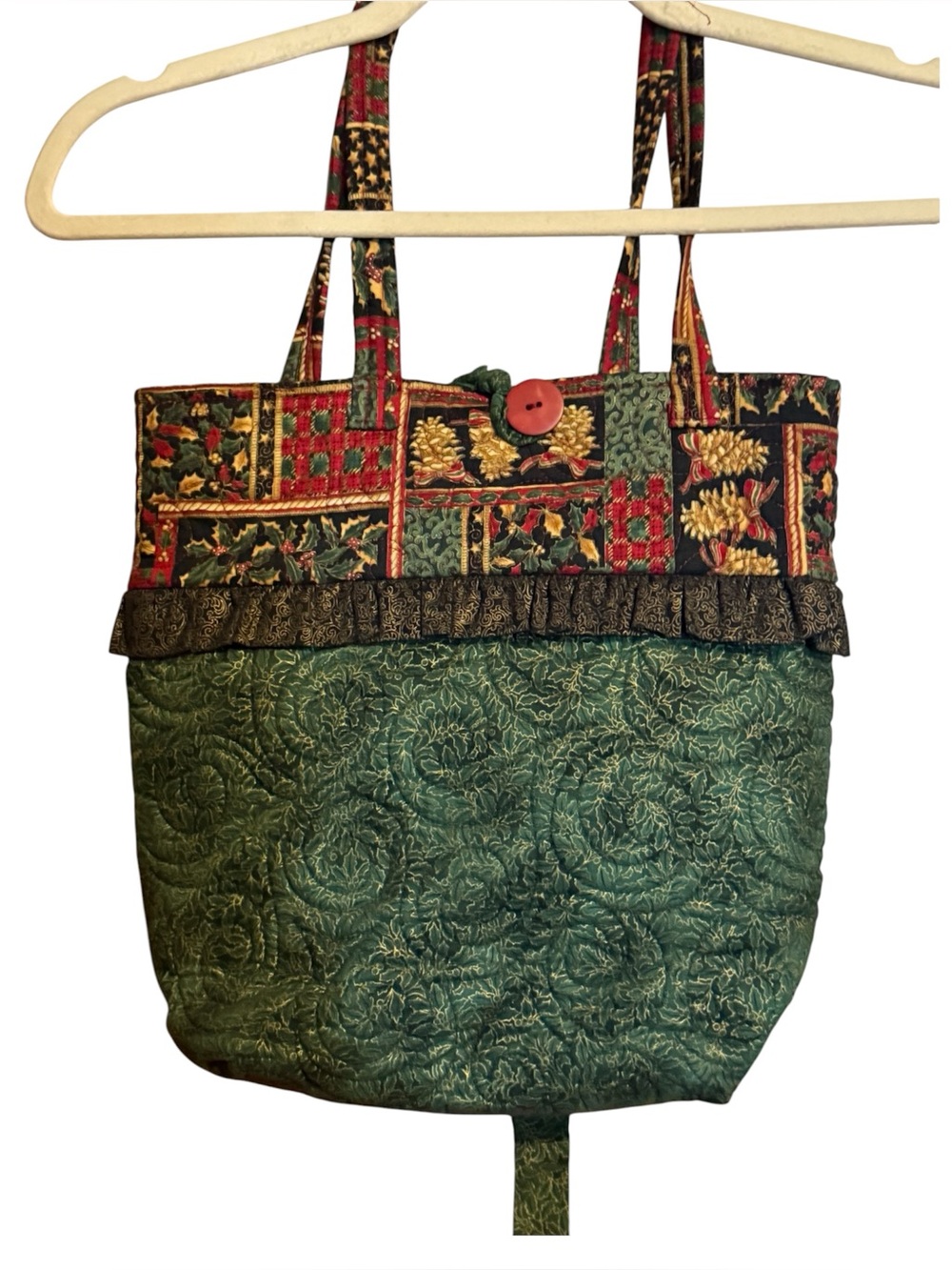 Handmade holiday Christmas fabric Quilted sewn Green Patchwork Trim Hobo Tote